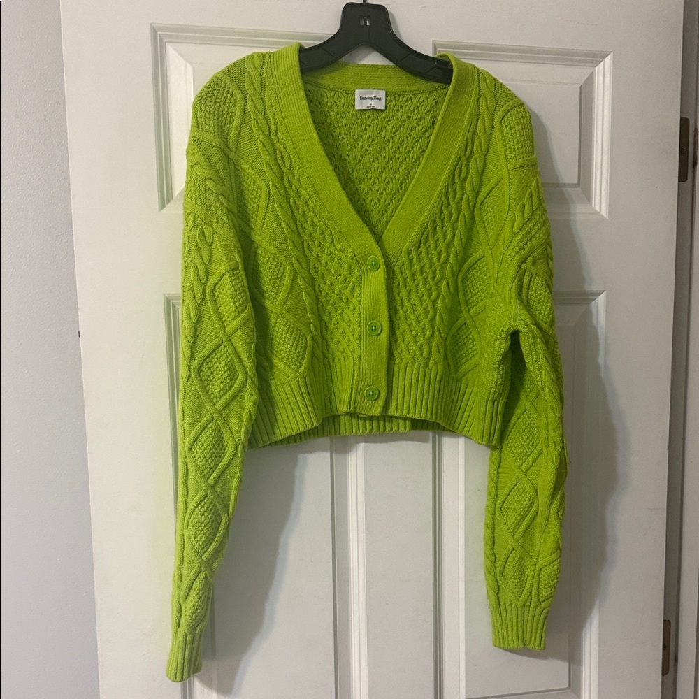 Sunday Best Lime Green Cable-Knit Cropped Cardigan